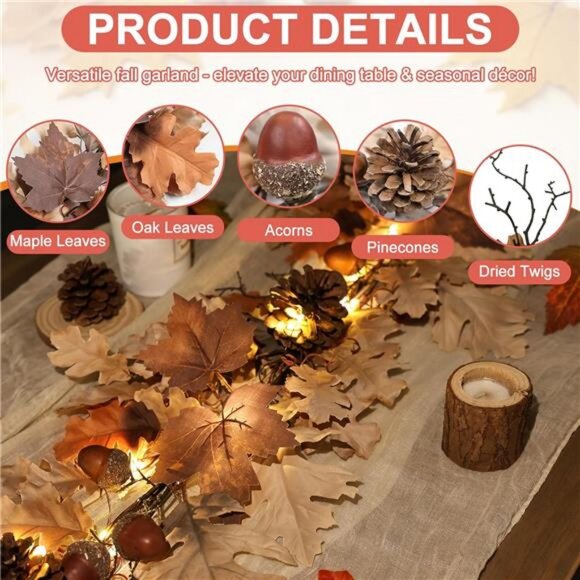 Fall Garland - 6 Ft Maple Leaf Garland with Pinecones - Fall Acorn Leaf - Picture 3 of 7